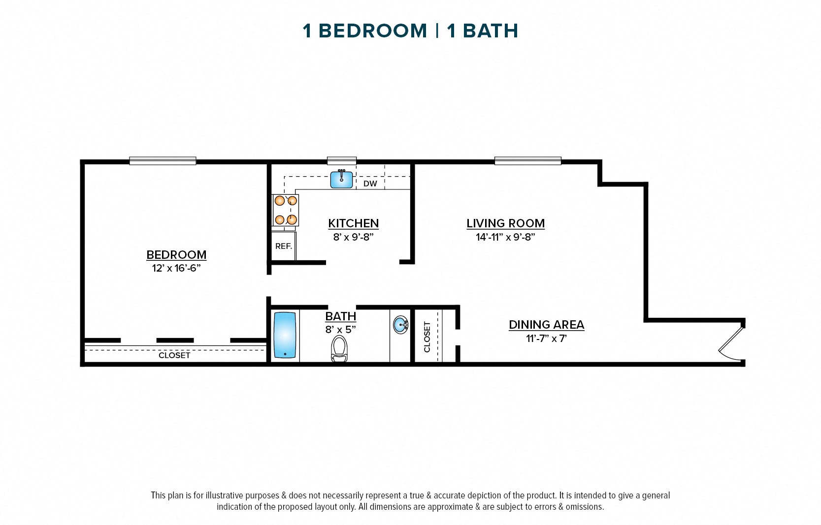 Floor plan for 1 bed, 1 bath, 700 sqft